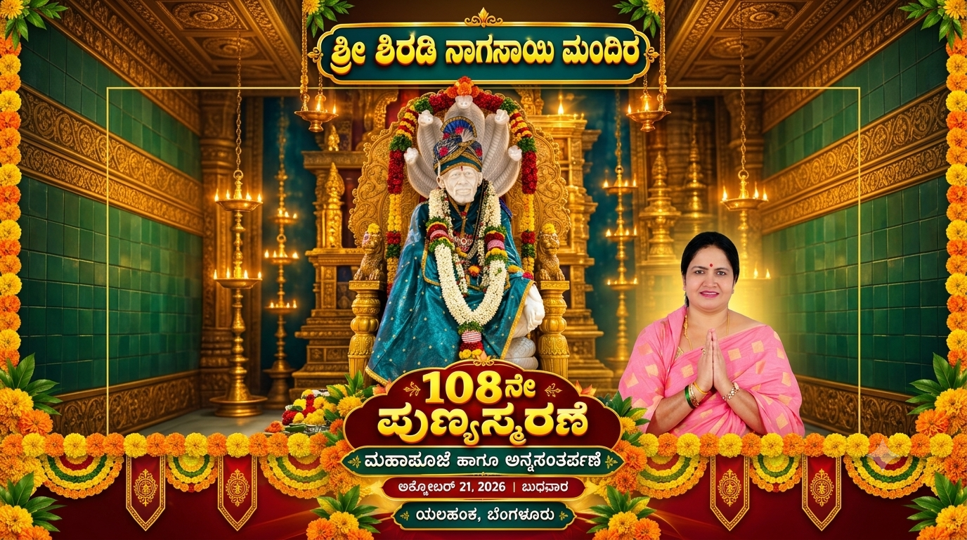 ಯಲಹಂಕದ ನಾಗಸಾಯಿ ಮಂದಿರದಲ್ಲಿ ಅಕ್ಟೋಬರ್ 21ಕ್ಕೆ ಸಾಯಿಬಾಬಾ 108ನೇ ನಾಮಸ್ಮರಣೆ: ಮಹಾಪೂಜೆ, ಅನ್ನಸಂತರ್ಪಣೆ — ಮುಖ್ಯ ಚಿತ್ರ